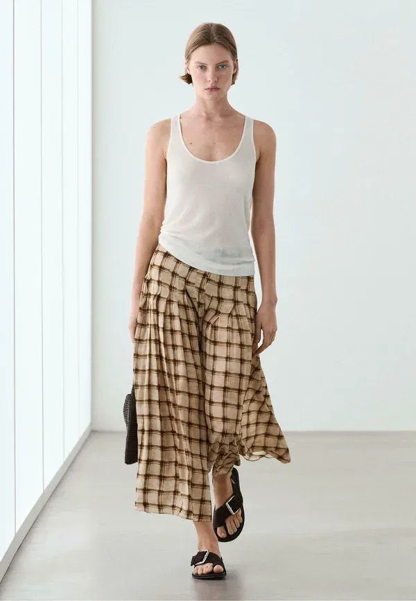 Юбка длинная Checked Maxi skirt Massimo Dutti, коричневый — фото 4