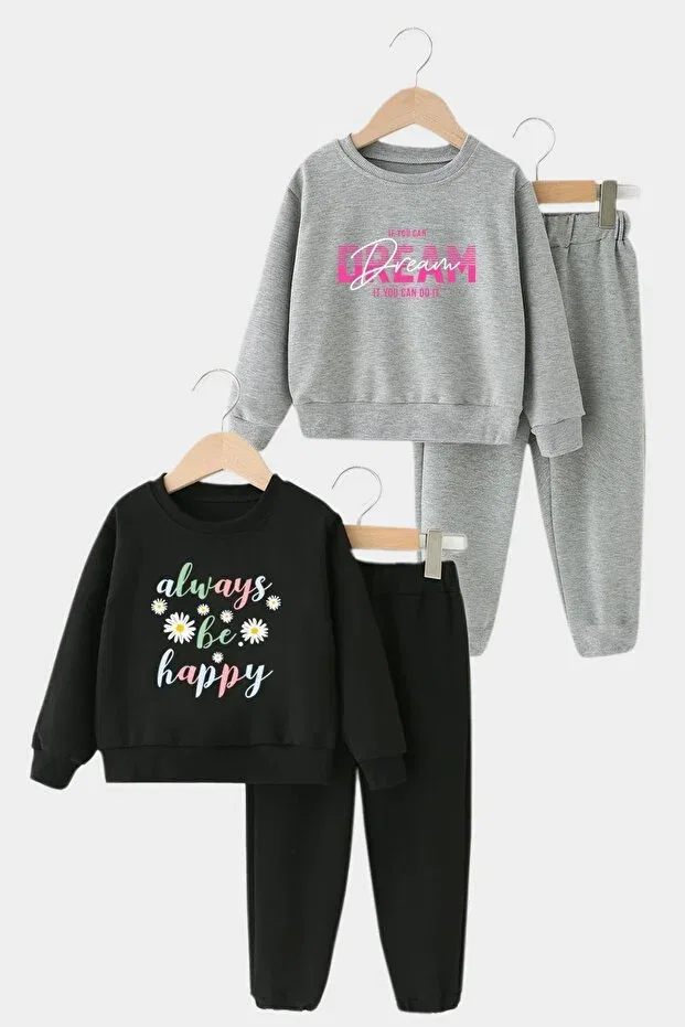 Детский комплект спортивных костюмов для девочек с принтом Dream-Always Be Happy Panios Kids, Black-Gray