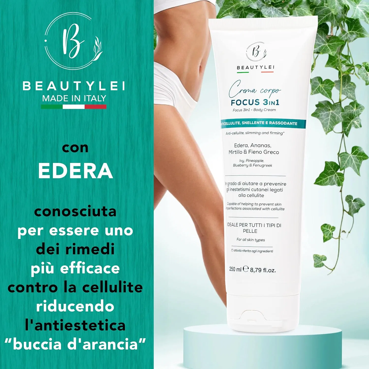3-в-1 Антицеллюлитный крем для тела BEAUTYLEI с плющом, ананасом, черникой, пажитником, кофеином, моделирующим комплексом, морским фенхелем, произведено в Италии — фото 3