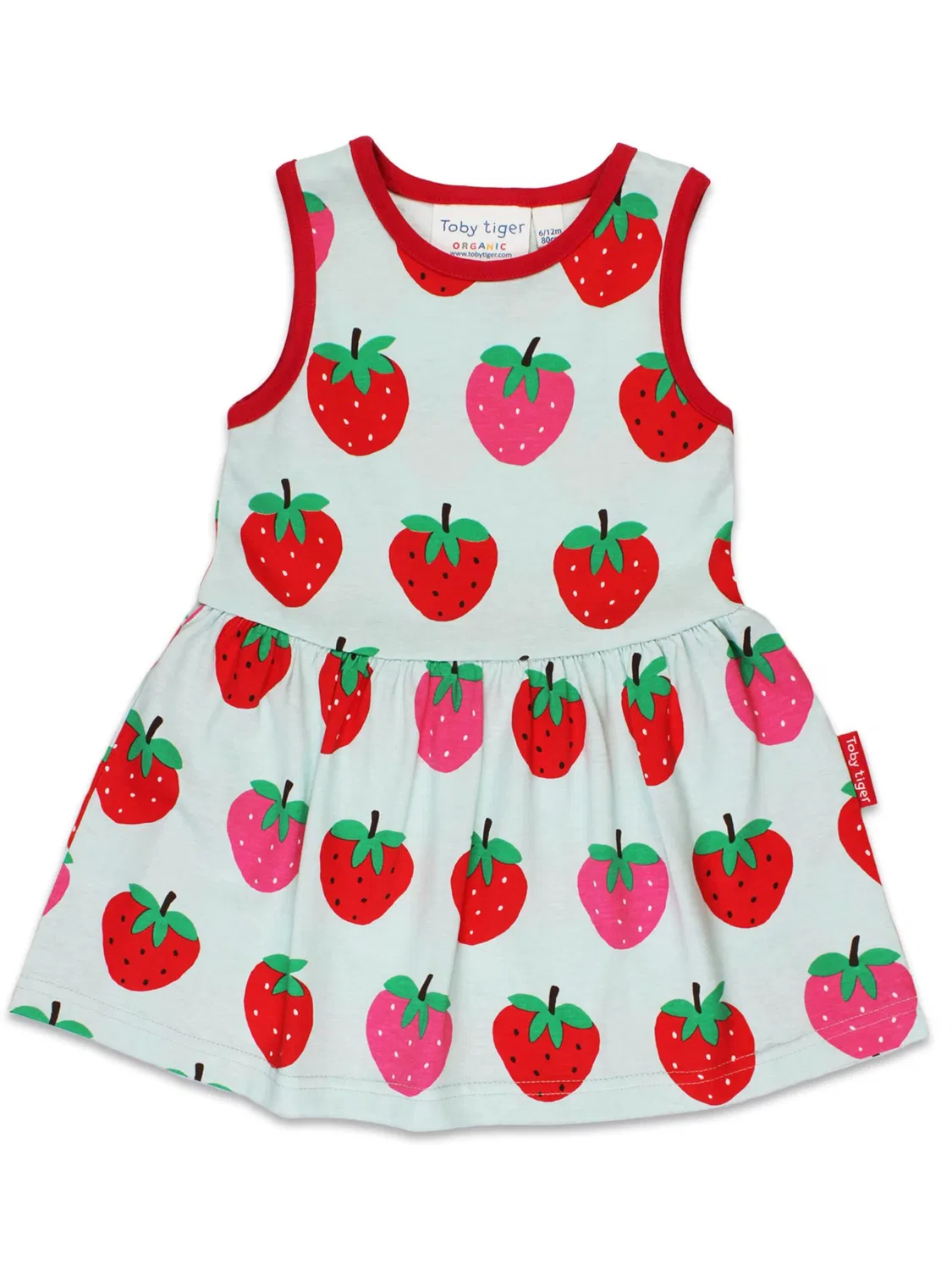 Платье Toby Tiger Bio-Baumwoll Kinder Sommerkleid mit Erdbeer-Druck небесно-голубого цвета