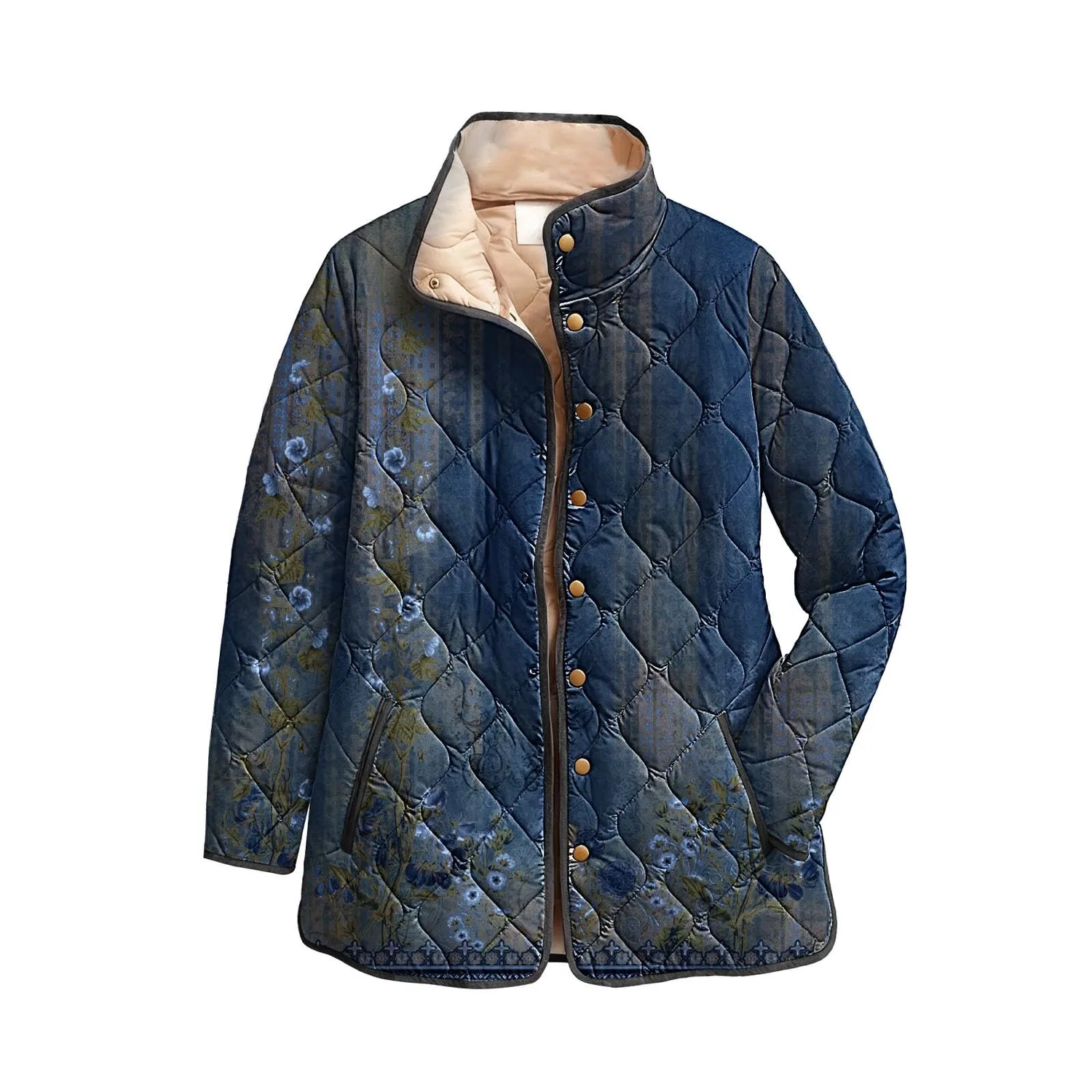 Женское стеганое пальто с принтом, Dark Blue