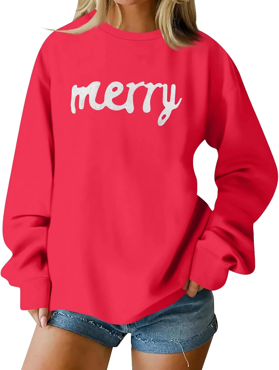 Женский свитшот с принтом Merry And Bright, длинным рукавом, красный