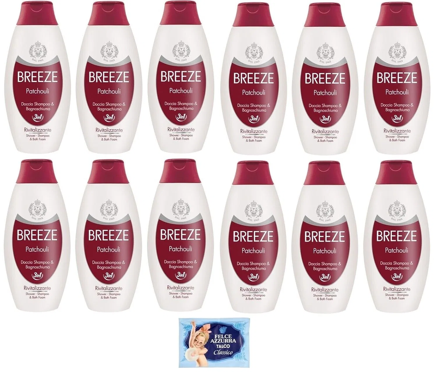Гель для душа и шампунь 3-в-1 Breeze Patchouly, 400мл + тальк Felce Azzurra 100г, набор 12шт
