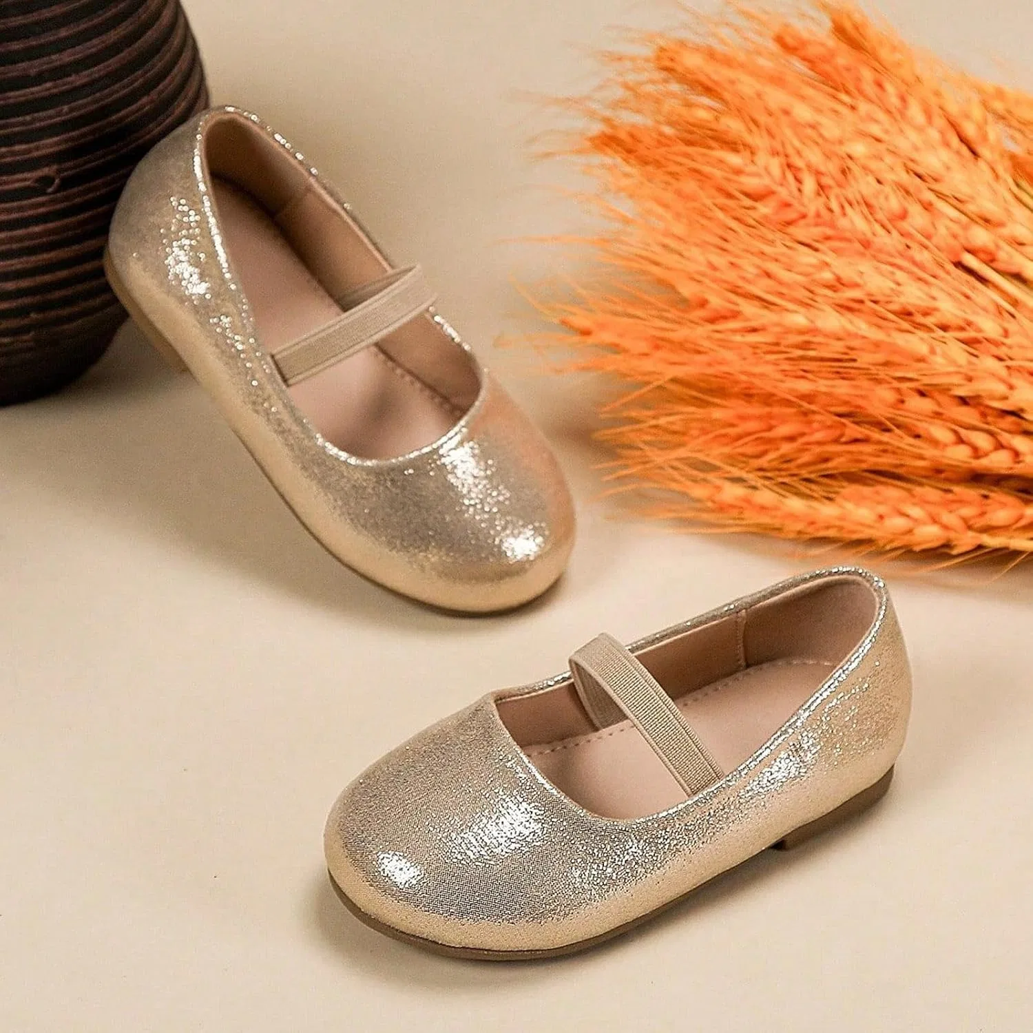 Детские туфли-балетки для девочек с цветочным принтом, модель Flower Leather Dress Shoes, бренд, Gold — фото 2