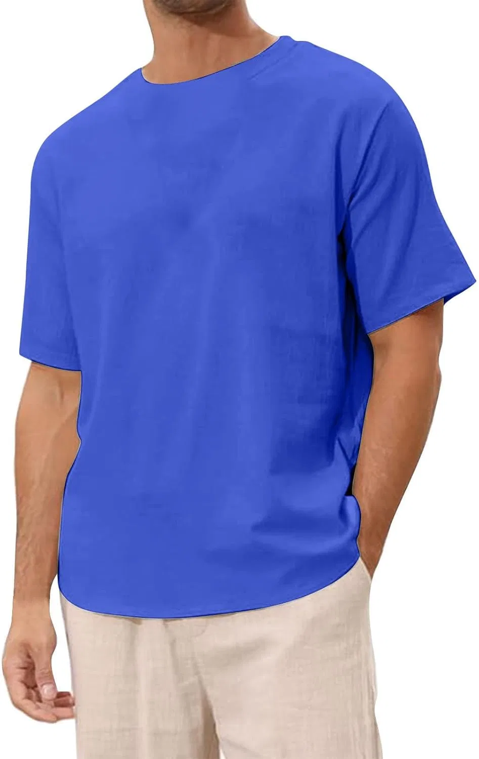 Мужская свободная футболка из льна и хлопка с коротким рукавом Casual, Blue