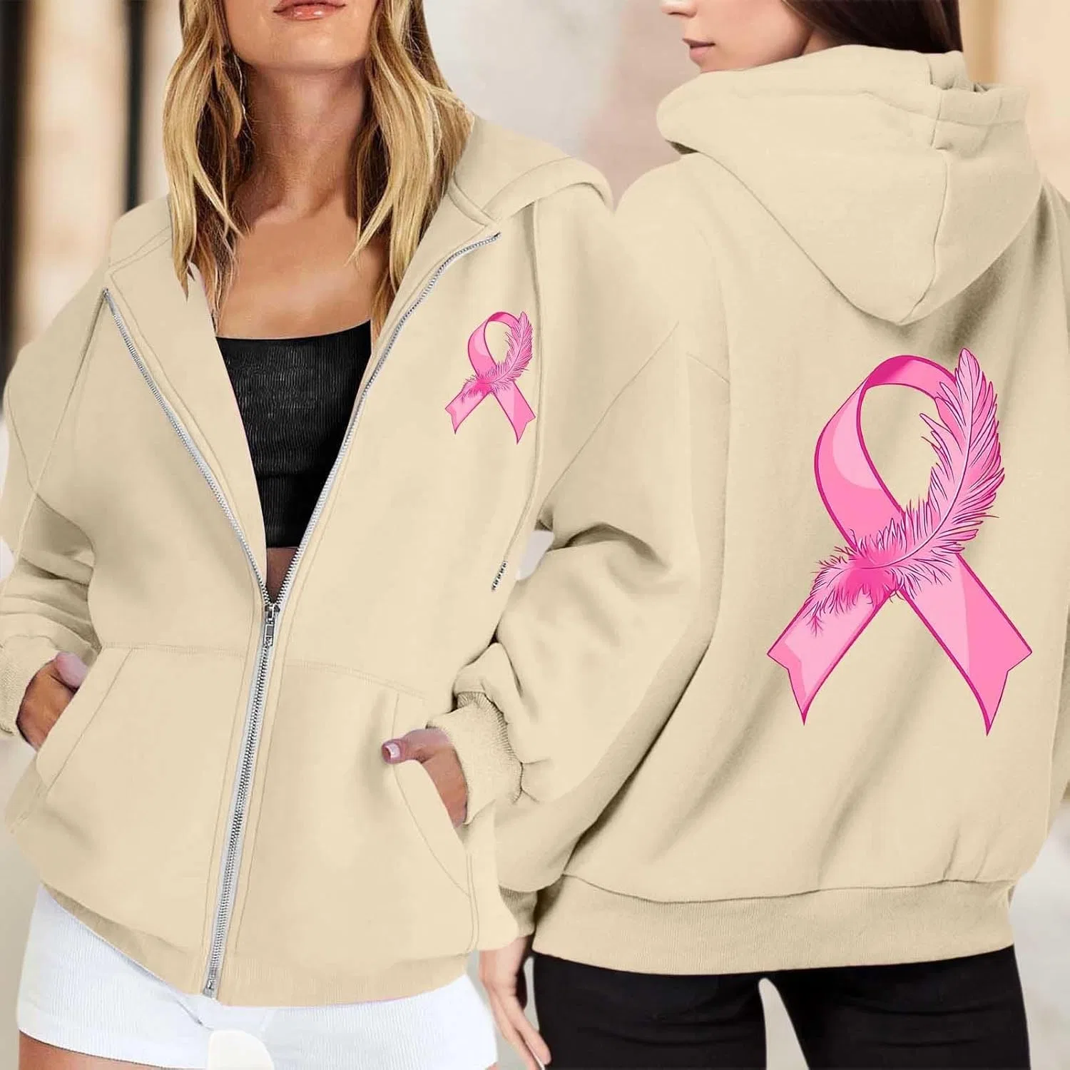 Женская худи с принтом, бренд Breast Cancer, на молнии, бежевый — фото 2