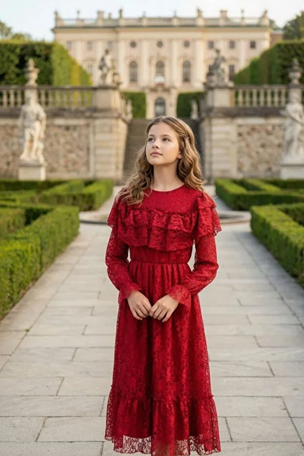 Детское платье для девочек кружевное Hç Hülya Çelik Kidswear 2018, Burgundy Hç Hülya Çelik Kidswear 2018 — фото 3