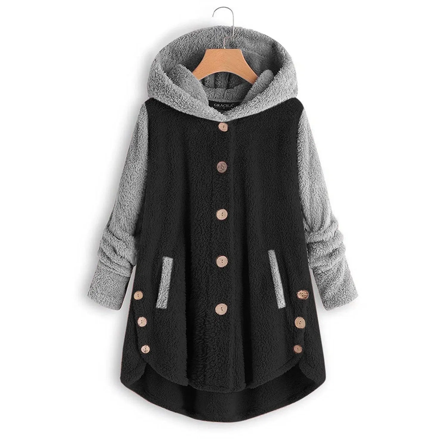 Женская флисовая куртка с капюшоном, длинная, с карманами, модель Two-Tone Plush, бренд, Black — фото 2
