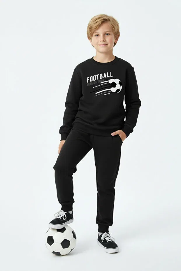 Детский комплект спортивного костюма для мальчиков с принтом 3 Thread Thick Sh Fleece-Lined Crew Neck Football Print Detailed Boys' Tracksuit Set Ya Ko Kids, Black — фото 4