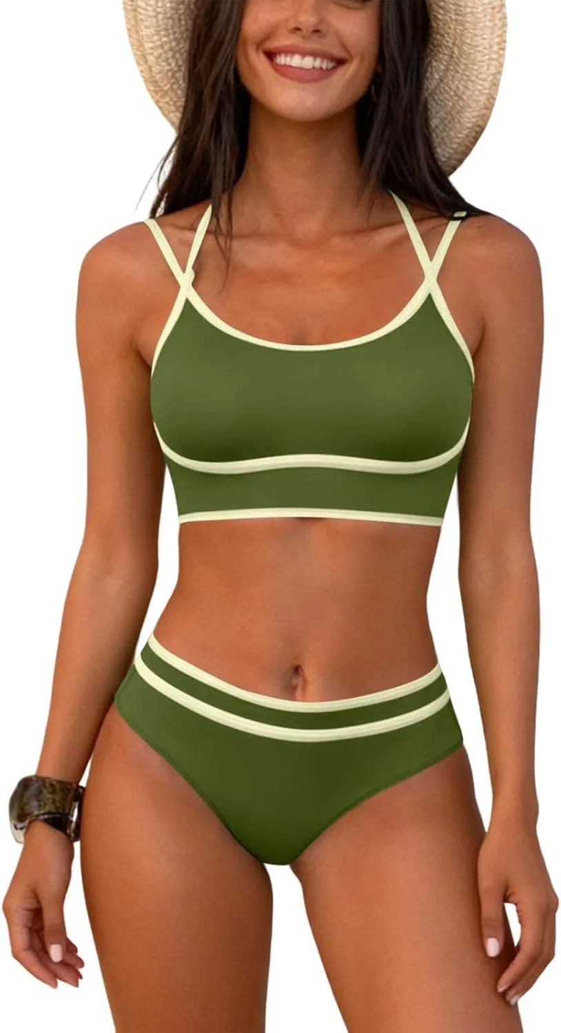Женский бикини-сет колор-блок high waist Swimwear, Army Green — фото 2