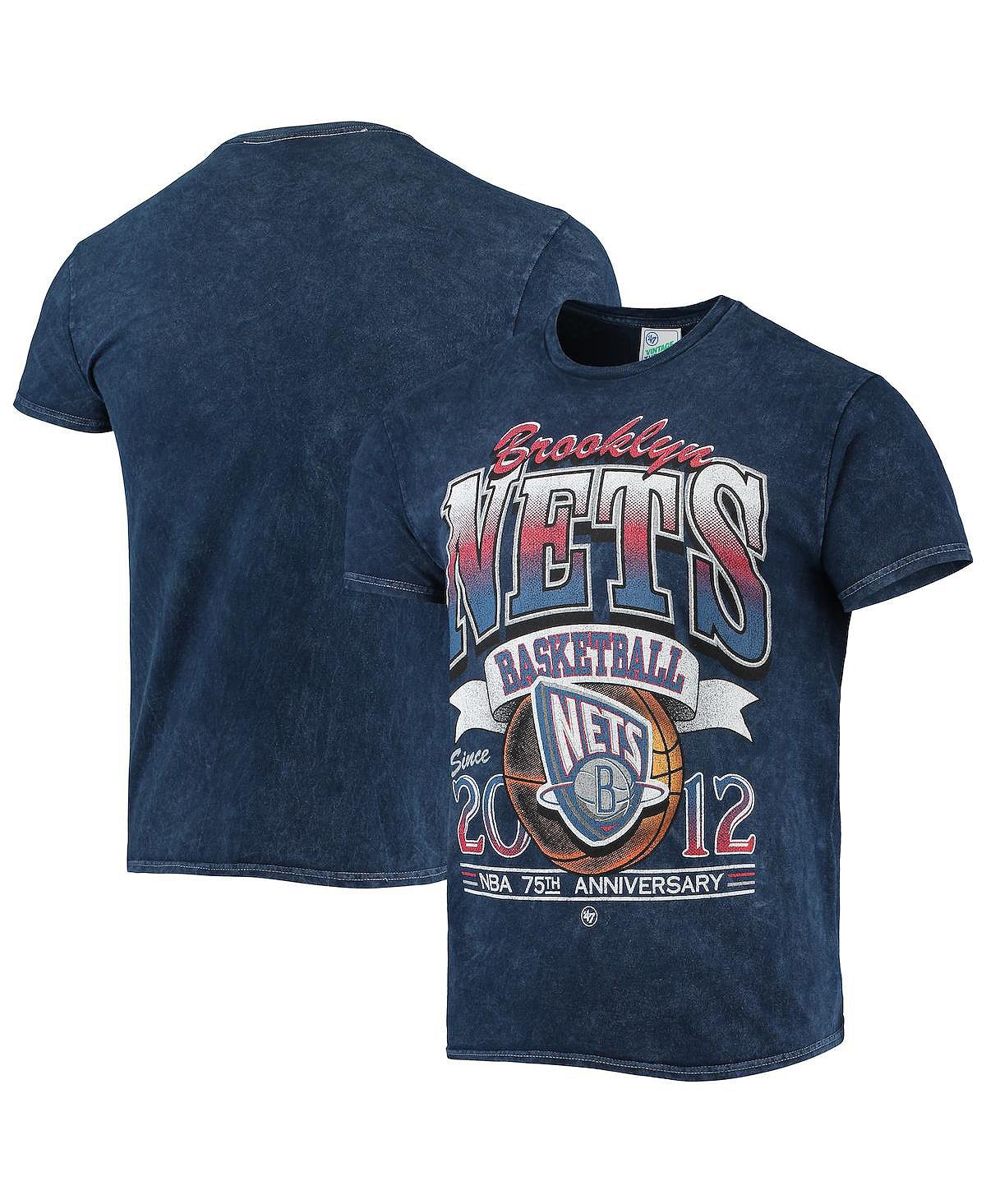 

Мужская футболка '47 navy brooklyn nets 75th anniversary city edition mineral wash vintage-look tubular tshirt '47 Brand, синий