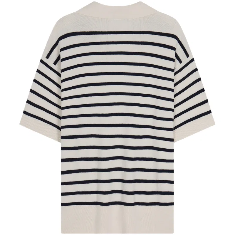 Женский джемпер-поло с коротким рукавом и полосками Tommy Hilfiger, Beige White Navy Blue Stripes — фото 3