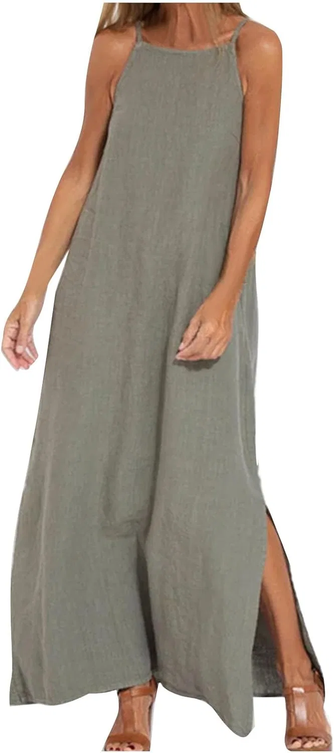 Женское летнее льняное платье на бретелях макси, Army Green