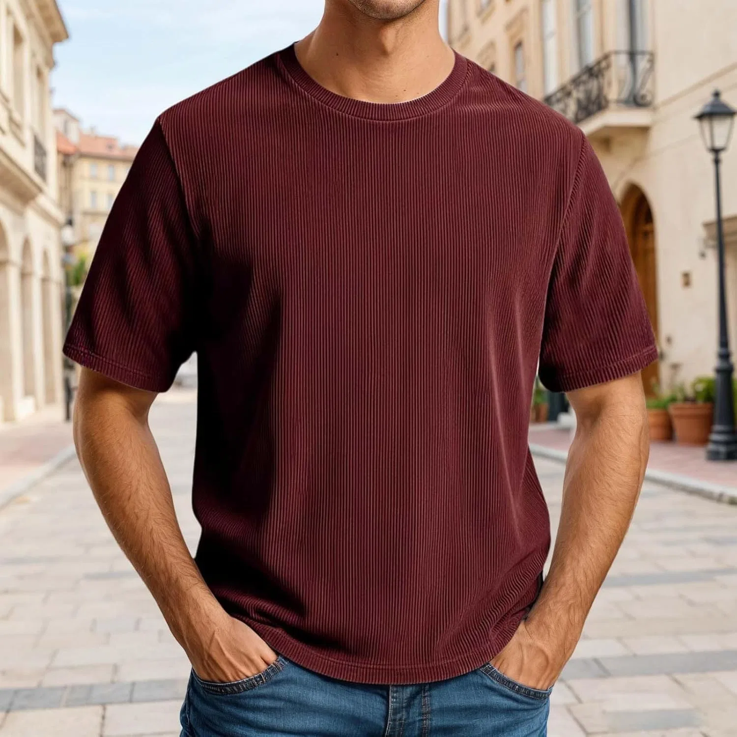 Мужская футболка с воротником-стойкой Corduroy Crewneck Tee, Brick Red — фото 2