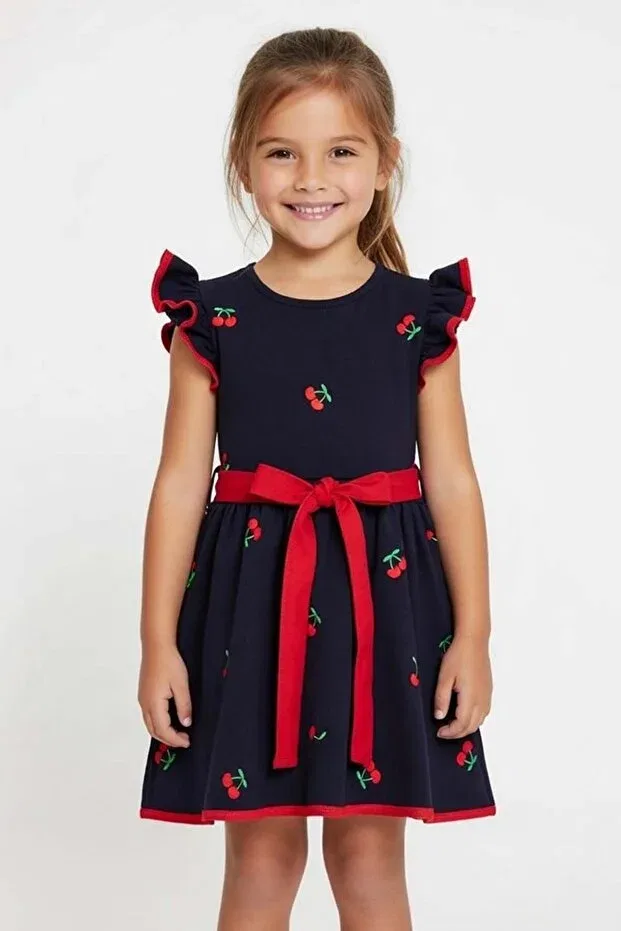 Детское платье для девочек хлопковое Cherry Print And Ruffle Sleeveless Waist Tie Navy Blue Dress Arydy, Navy Blue