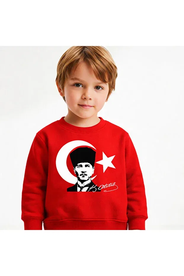 Детские свитшот для девочек с принтом Atatürk And Flag Prints, Signed, May 19 Efendioğlu Design, Red