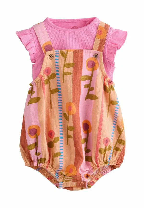 Комплект из двух предметов: ромпер и боди, флоральный принт, Regular fit - bloomer romper with set 2 piece - body, Next, pink bright, розовый