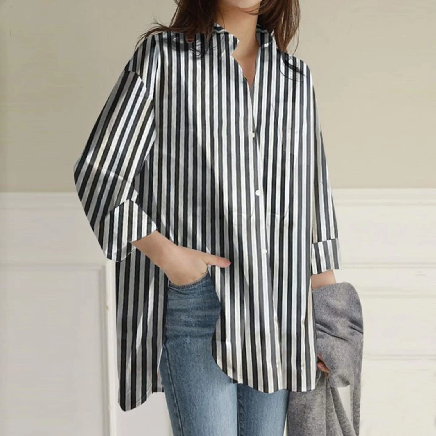 Женская блузка с длинным рукавом с боковыми разрезами Topko Plus Size, Black Stripes — фото 3