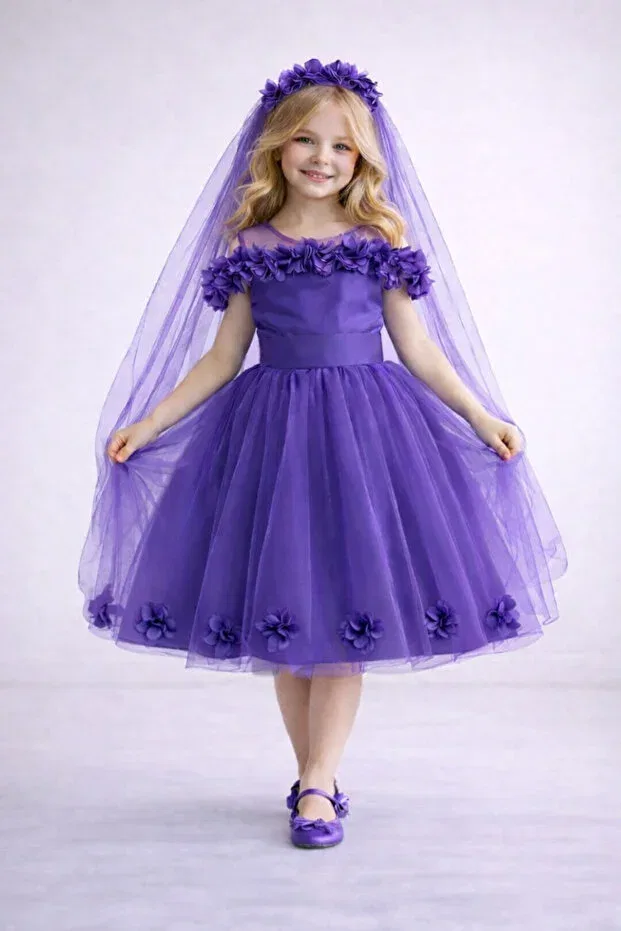 Детское платье для девочек с принтом Pompom Melis Çocuk, Purple