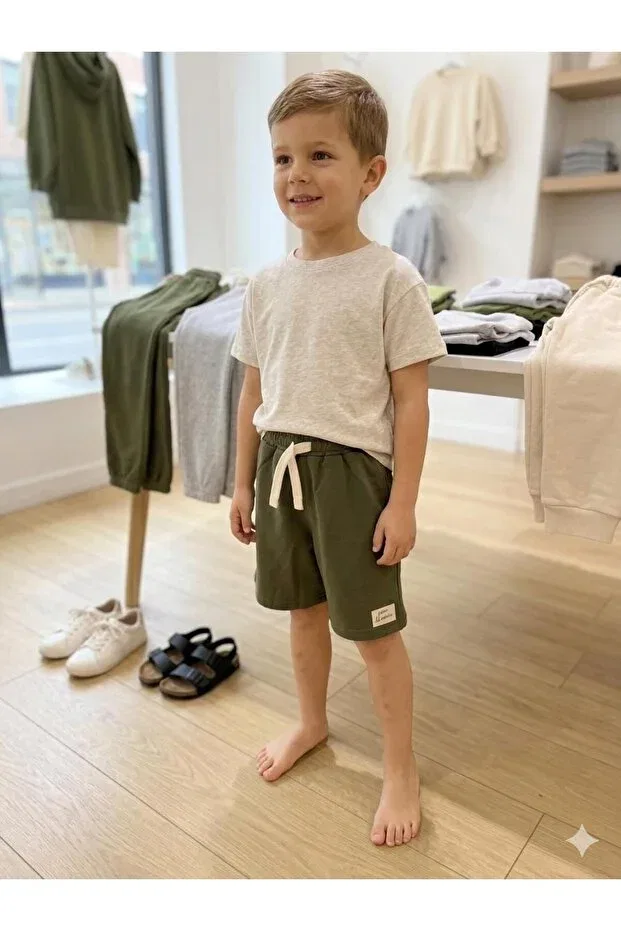 Детские шорты для мальчиков хлопковые Combed Cotton Summer Lace-Up Boys Shorts Pour La Riviere, Khaki — фото 2