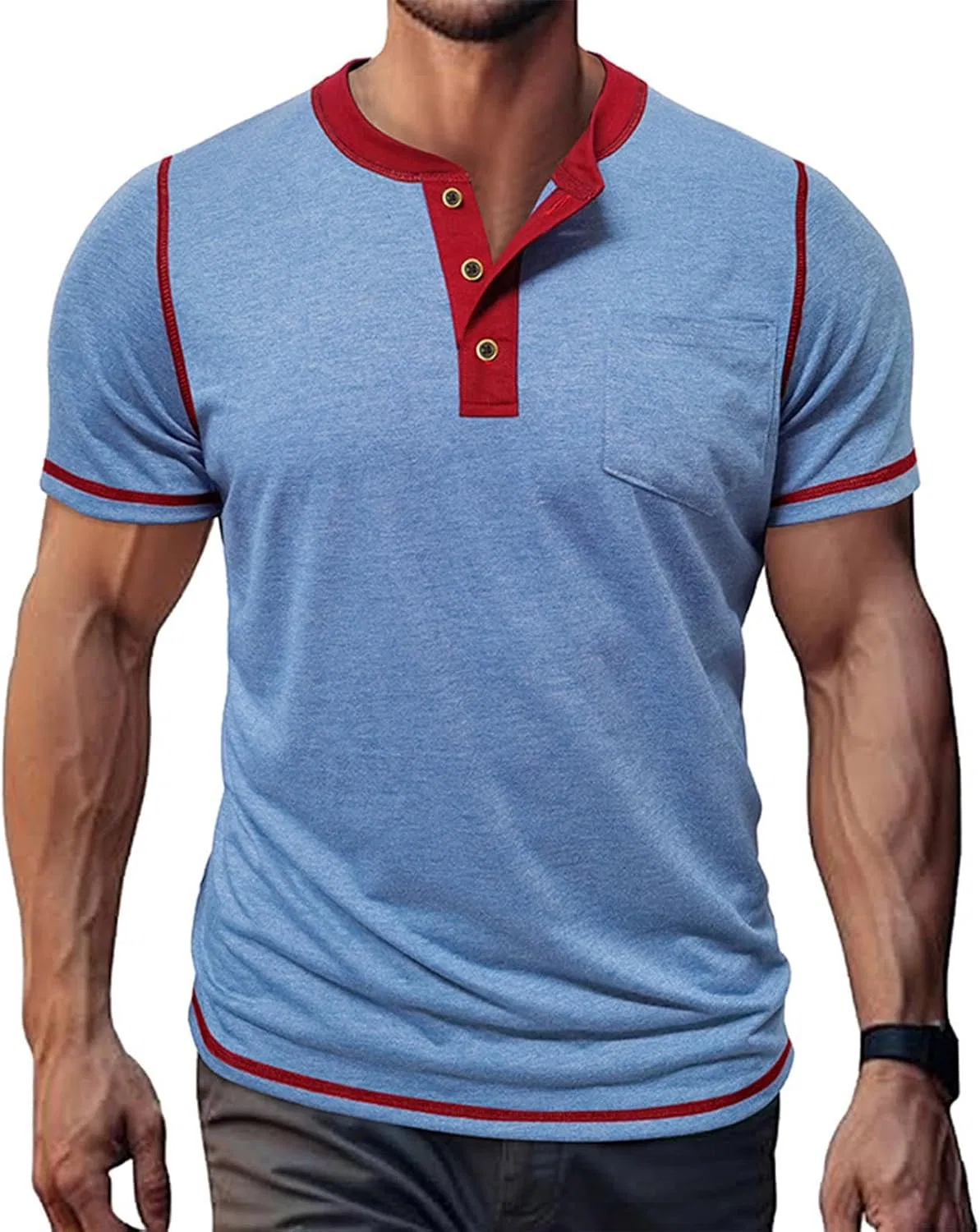 Мужская футболка с коротким рукавом и карманом, Color Block, Light Blue