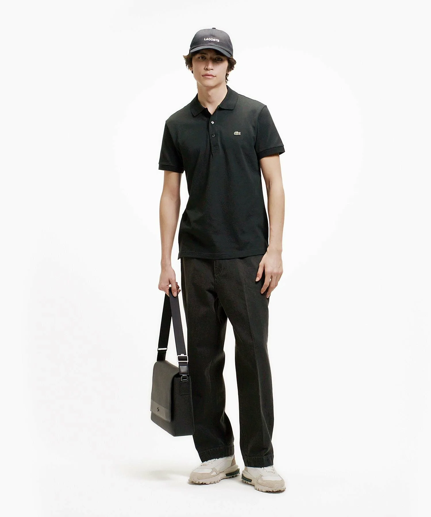 Однотонная облегающая эластичная рубашка-поло (с коротким рукавом) LACOSTE, Black — фото 4