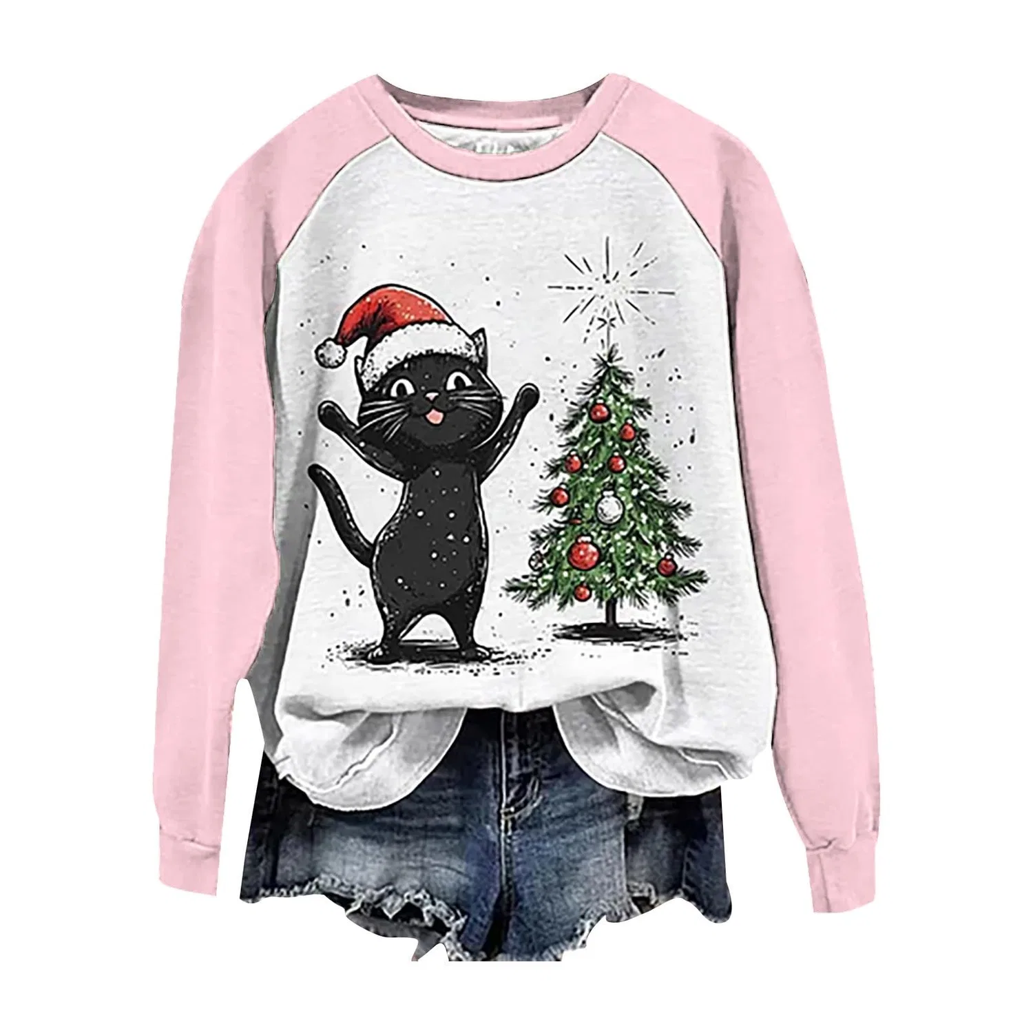 Женский свитшот с принтом Christmas Tree Funny Cat Say What Woman Pullover, Z12 Pink — фото 3