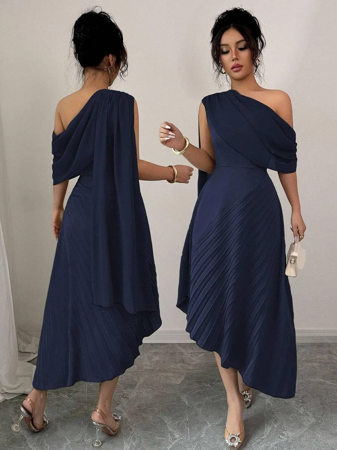 Женское элегантное платье A-line с асимметричным плечом Navy Blue — фото 4