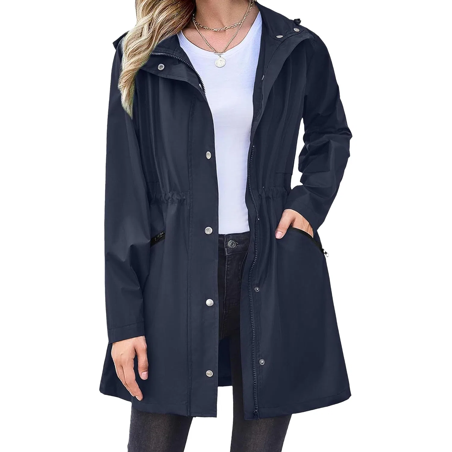 Женский длинный дождевик с капюшоном, непромокаемый и легкий, Outdoor Ventures, Blu navy