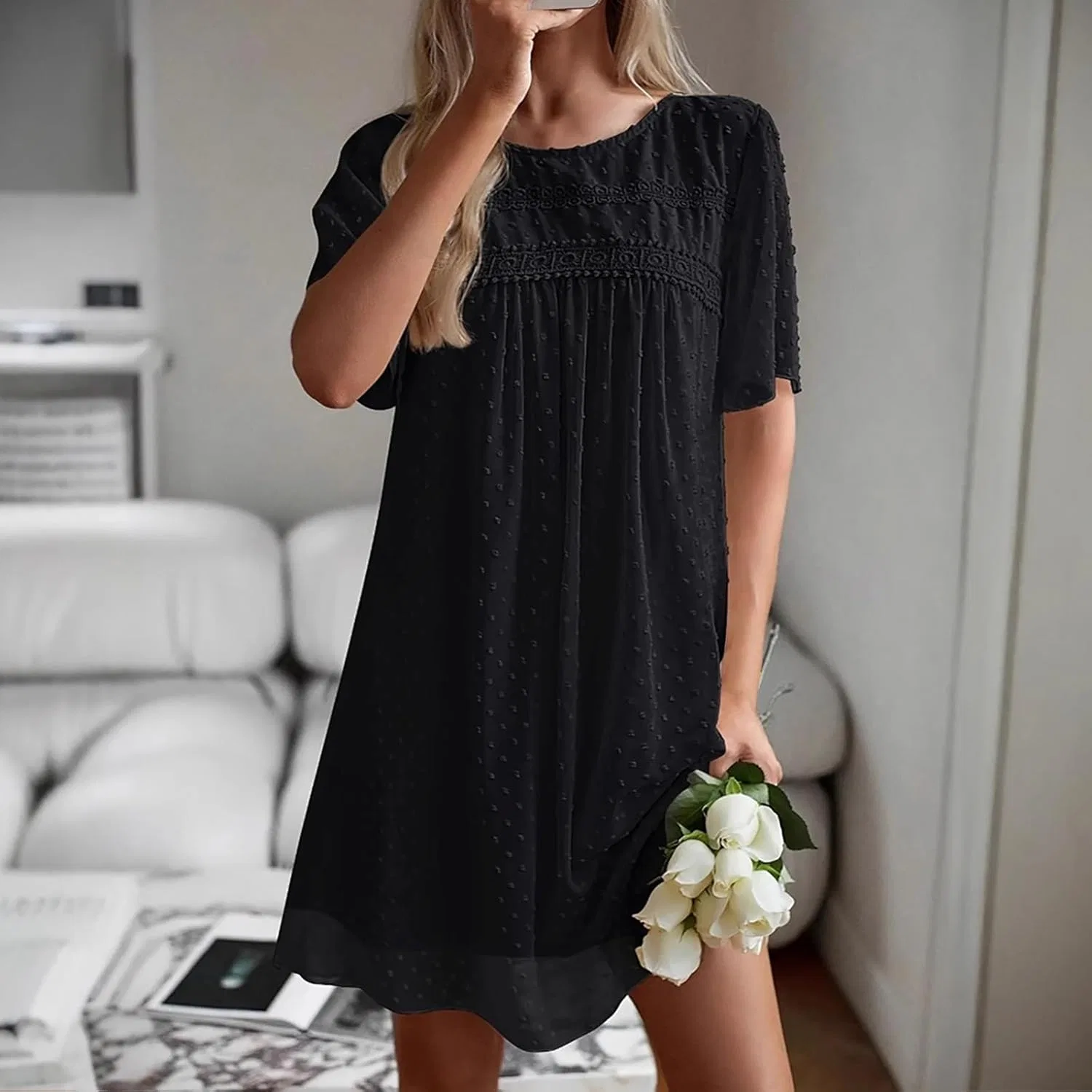 Женское повседневное платье с воротником-стойкой и коротким рукавом, Black — фото 3
