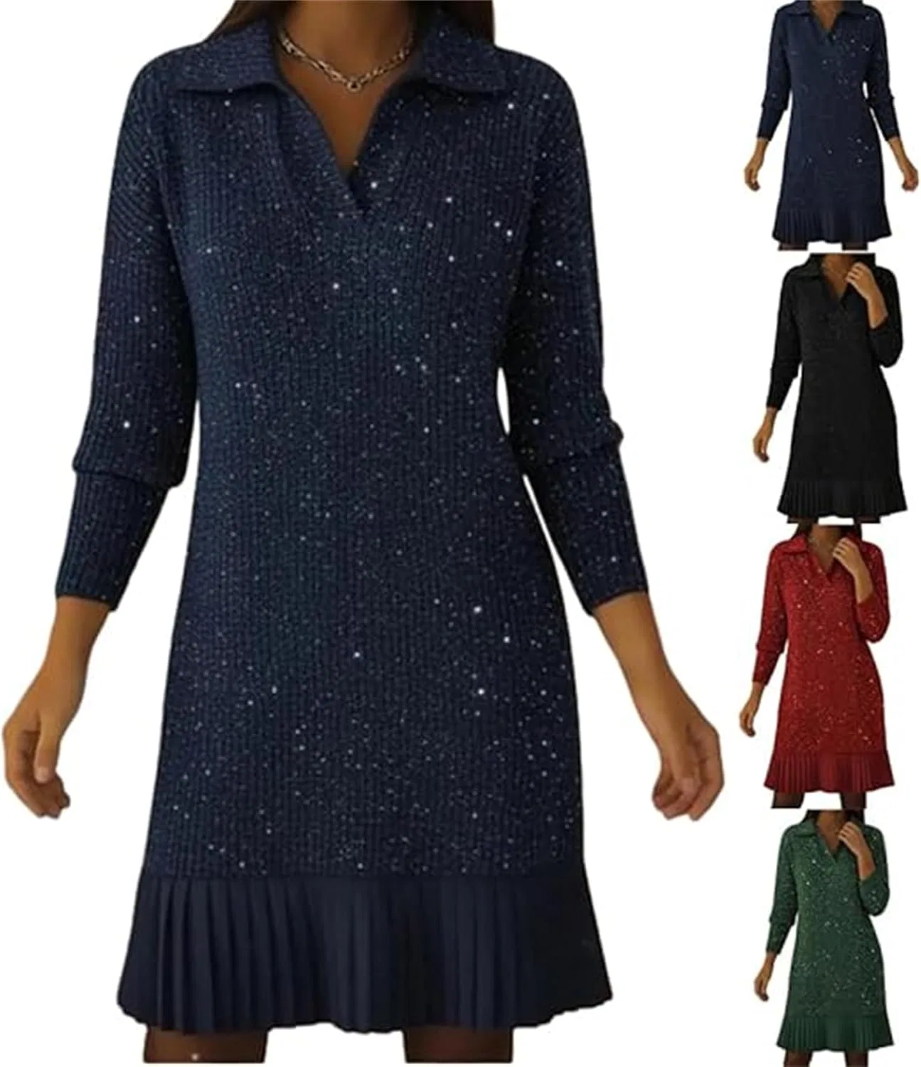 Женское платье с поло воротником и блестками, Dark Blue