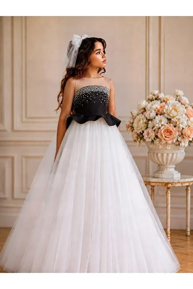 Детское платье для девочек без рукавов Girl'S pearls tulle evening dress wedding dress with trailing, buckle included dress - wedding, prom and special occasion dress By Feyza Kids Collection, Black — фото 4