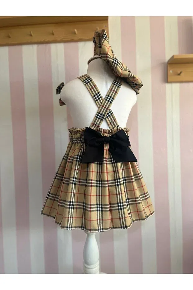 Детский комбинезон-сарафан для девочек с принтом Burbery Salopet Dress & Painter's Hat & Buckle Set, Eylülce Butik, Beige