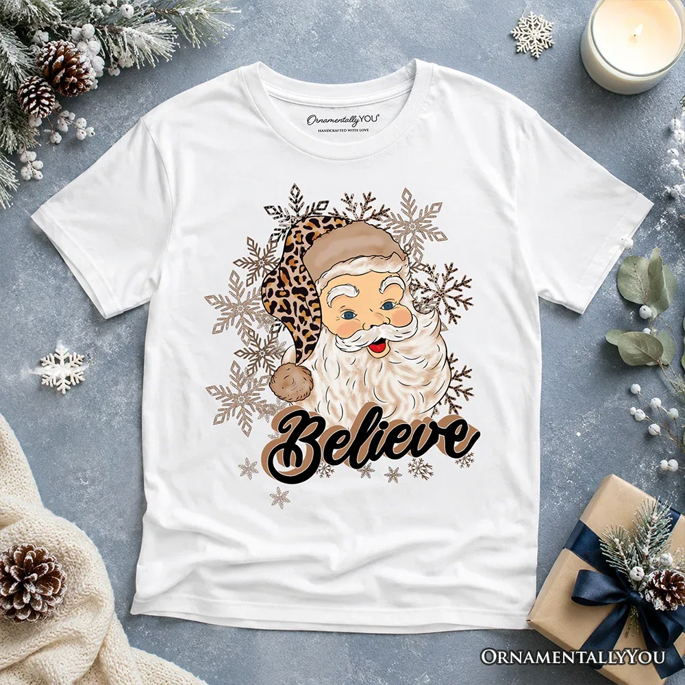 Детская футболка с принтом Believe Santa Cheetah Leopard OrnamentallyYou, White