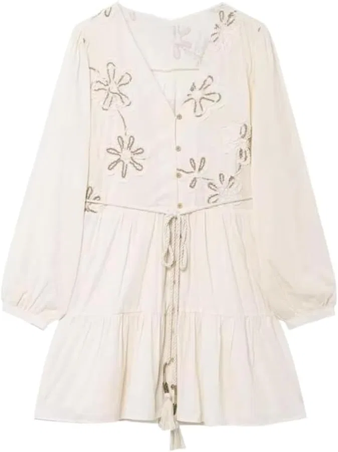 Женское платье мини A-line с цветочной вышивкой Generic, Beige