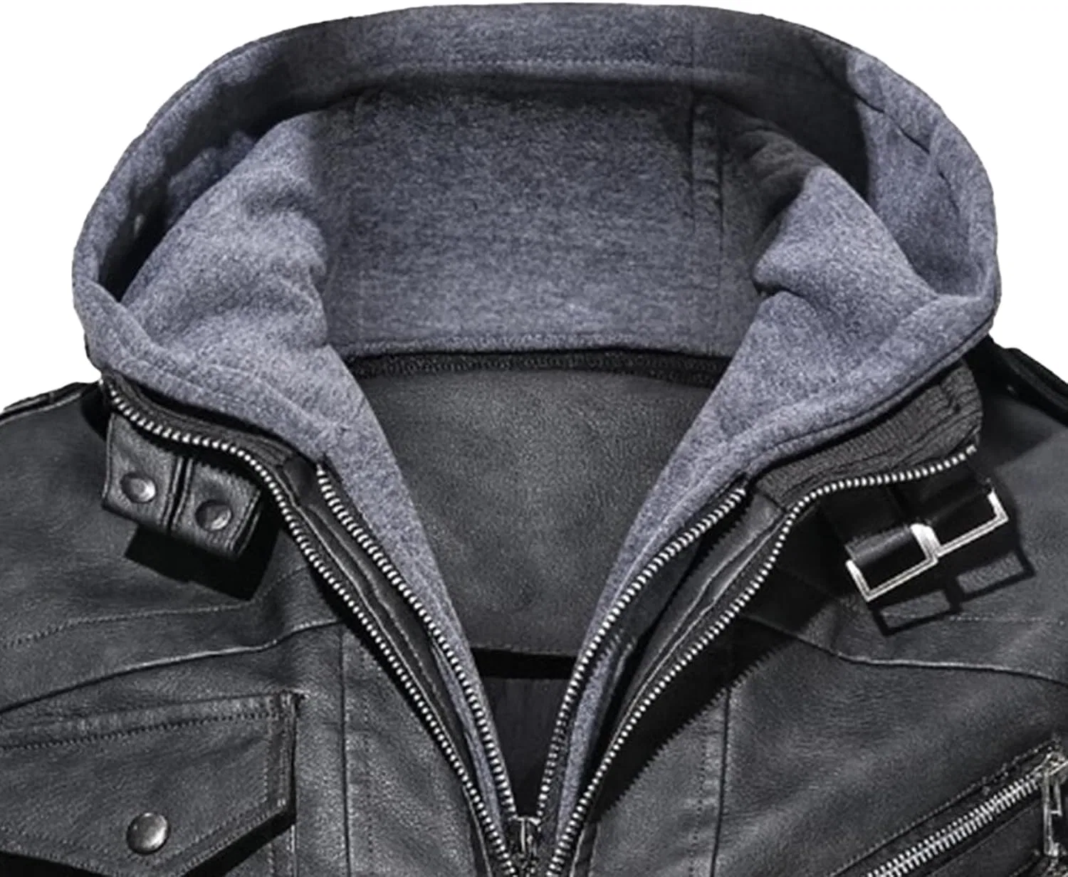 Мужская куртка из экокожи с капюшоном, модель Motorcycle Bomber, чёрный — фото 3