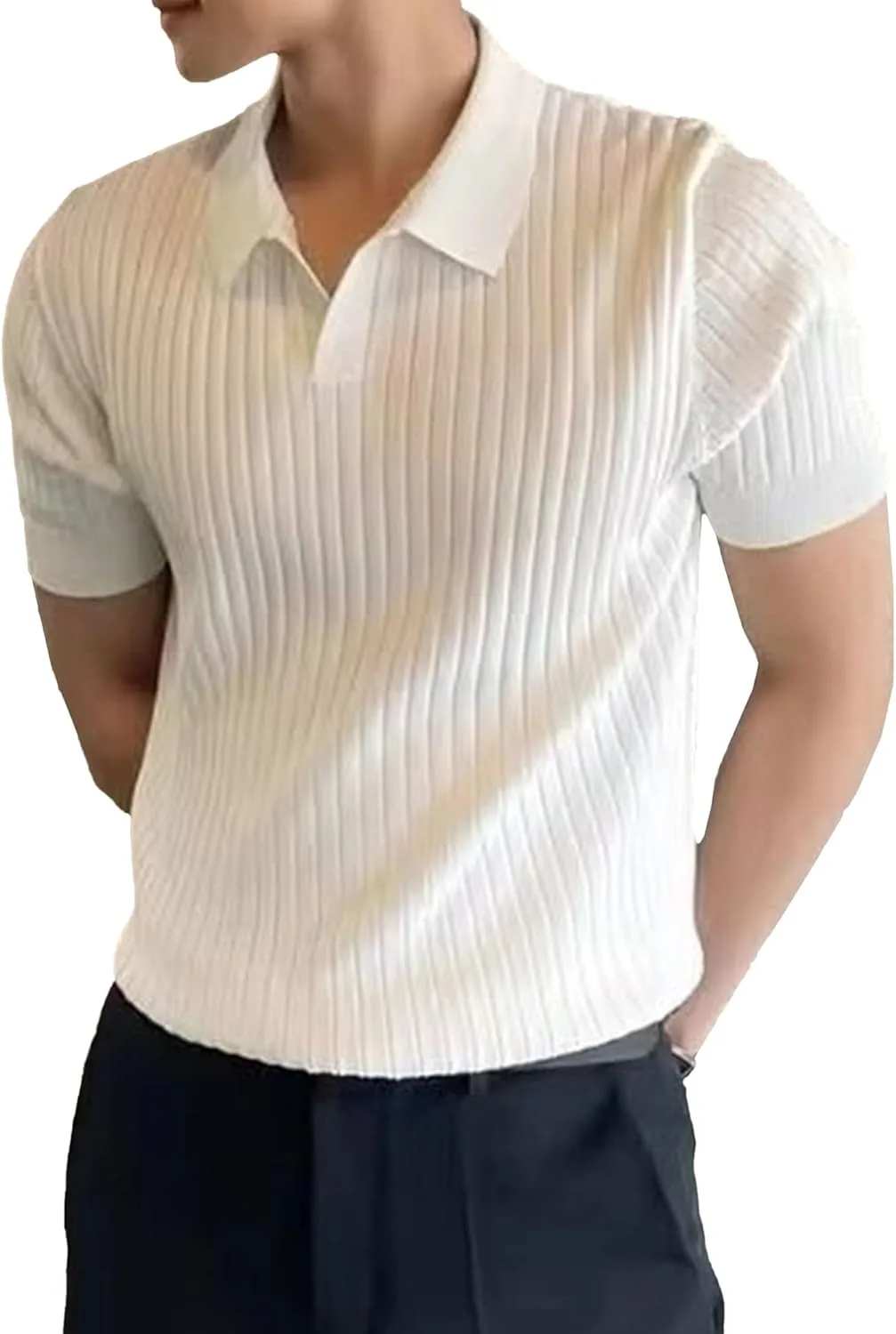 

Мужская футболка-поло Maiyifu-GJ с коротким рукавом, ребристая, облегающая, V-образный вырез, легкая, дышащая