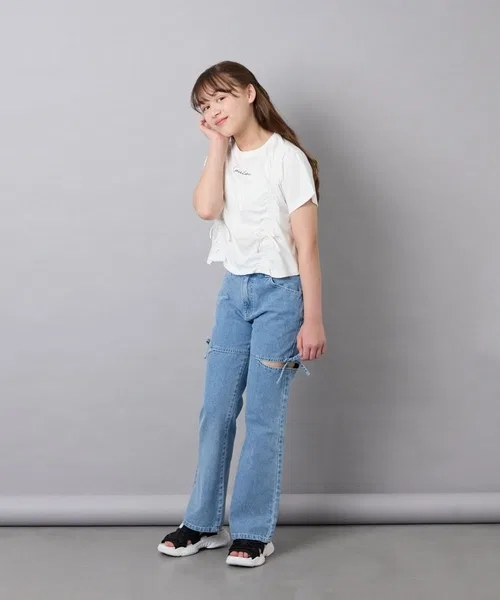 Детские брюки-флейм с разрезом и бантом, модель Slit Ribbon Flare Denim, a.v.v, Dark Indigo Blue — фото 4