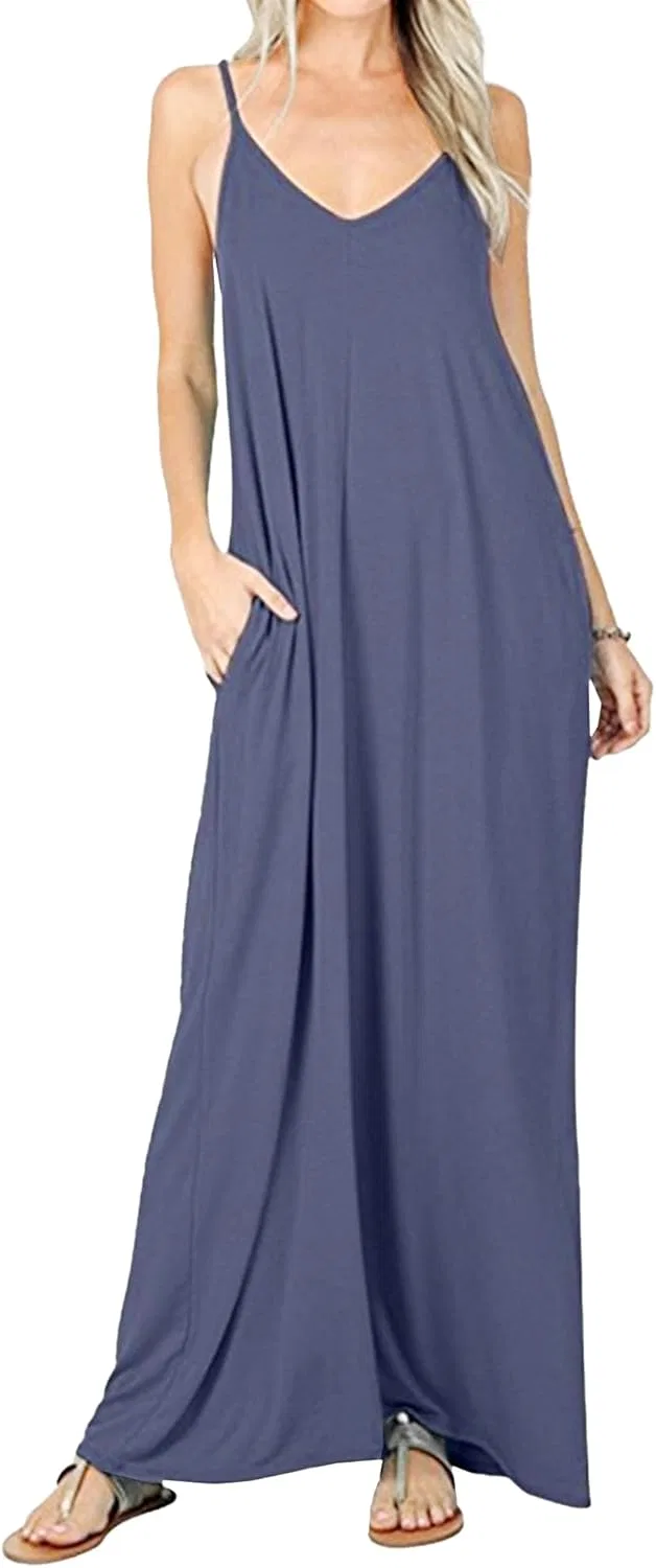 Женское летнее макси-платье на бретелях с карманами Casual, Blue Grey