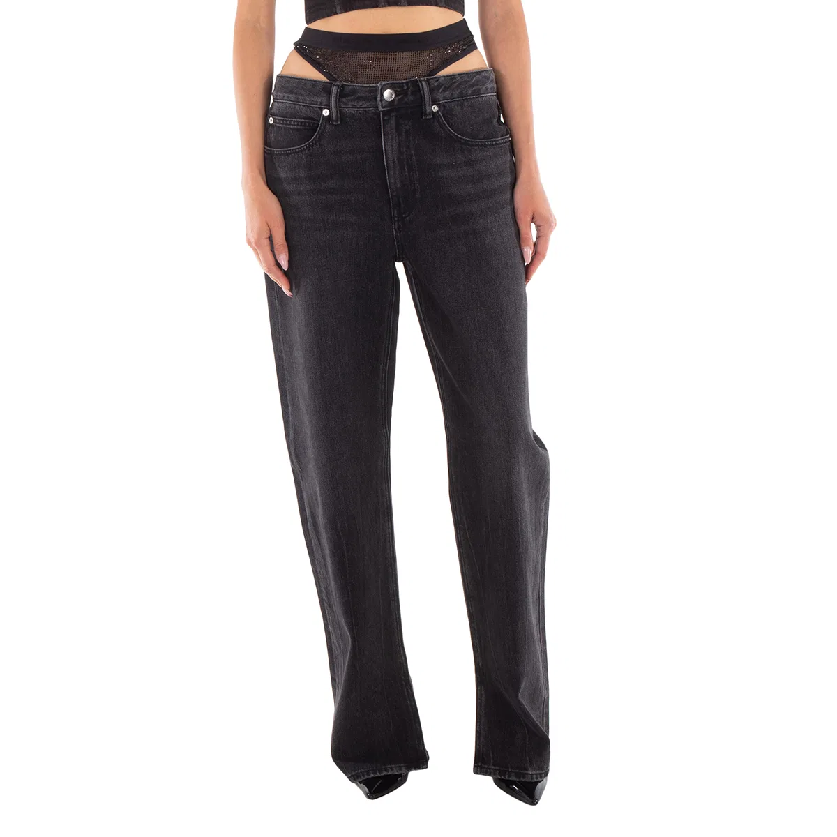 Джинсы с разрезом и декором Slit Hem Jeans With Prestyle Hotfix Undie Alexander Wang, Grey Aged