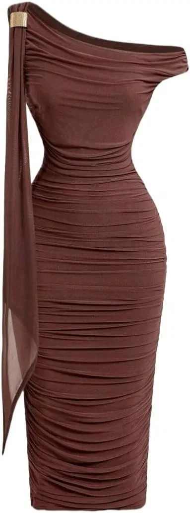 Элегантное женское платье миди с асимметричным вырезом Bodycon, Chocolate Brown