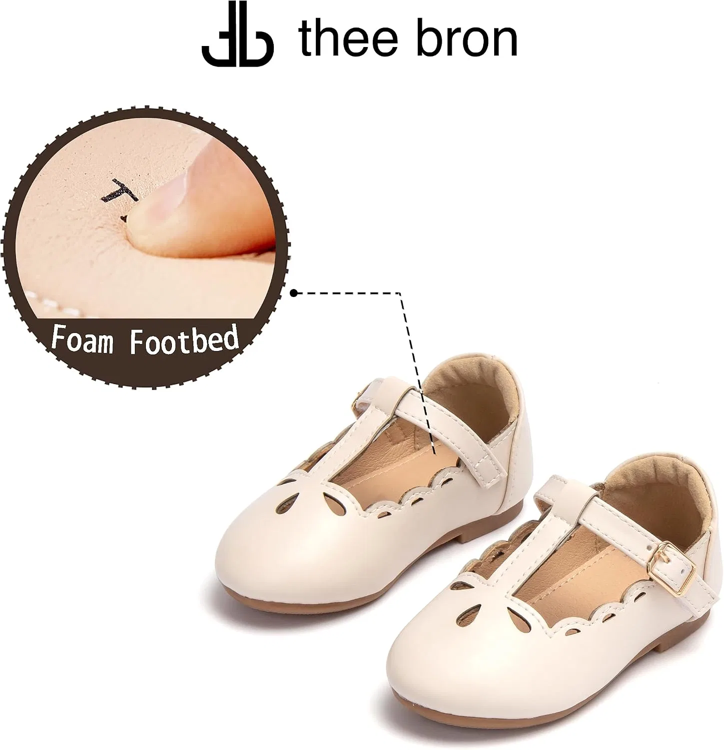 Детские туфли-балетки для девочек с Т-образным ремешком THEE BRON, Cream Beige — фото 4
