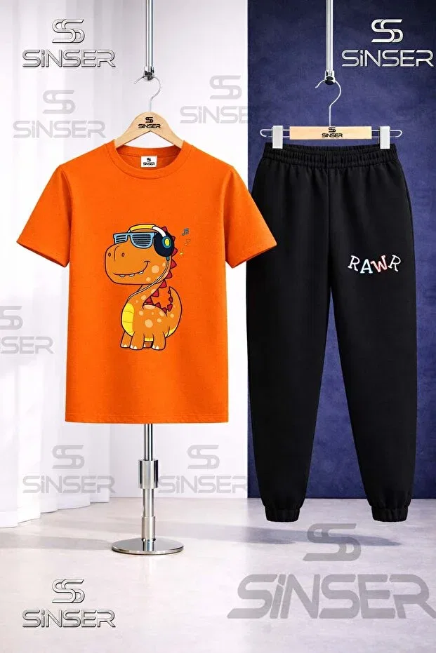 Детский комплект футболки и штанов с принтом Rawr Dino Ss Sinser, Pink - Orange - Yellow — фото 3