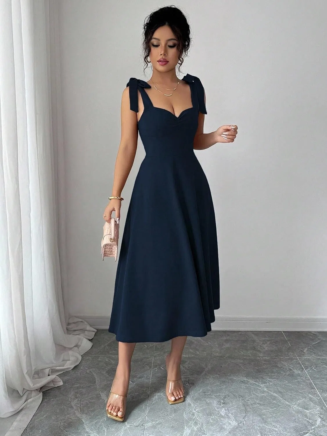 Женское повседневное платье миди с завязками A-силуэта, Navy Blue — фото 3