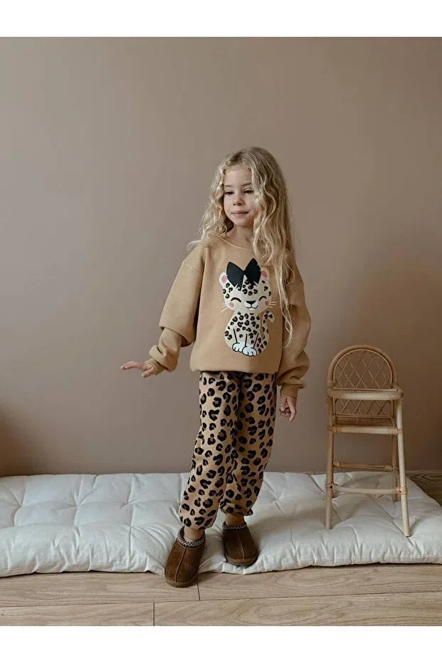 Детский комплект спортивного костюма для девочек хлопковый Milays Life Home Collection, Little Leopard — фото 3