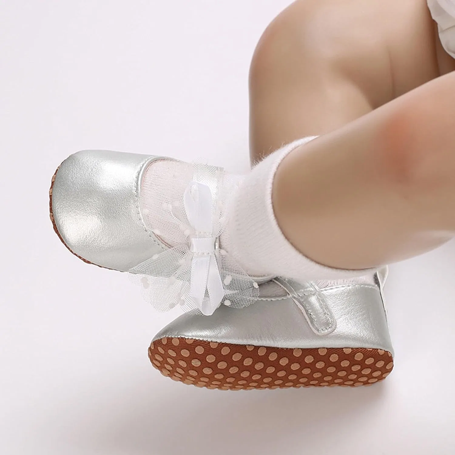 Детские туфли для девочек с бантом Princess Shoes, Silver — фото 4