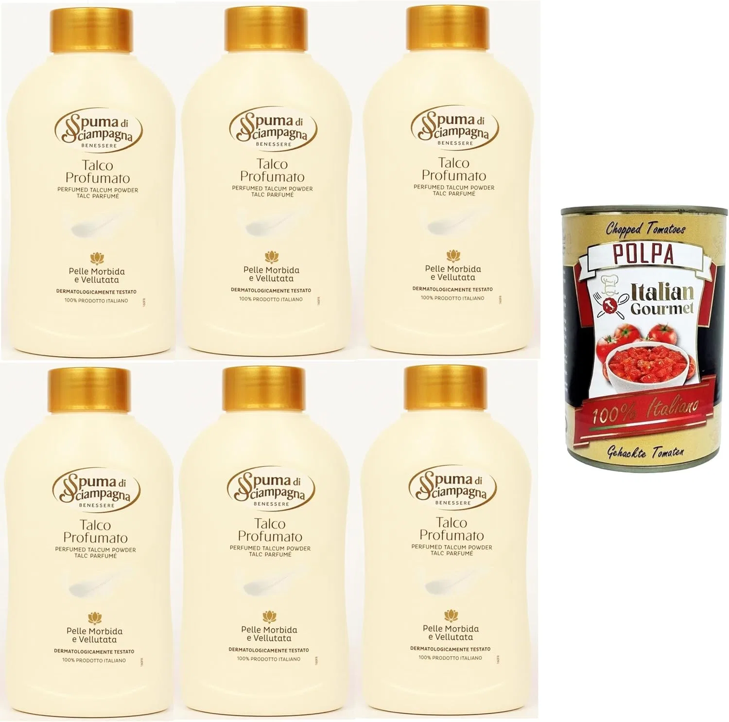Тальк для тела Spuma di Sciampagna Talco Profumato Italian Gourmet E.R., набор 6x200 г + 400 г полпа