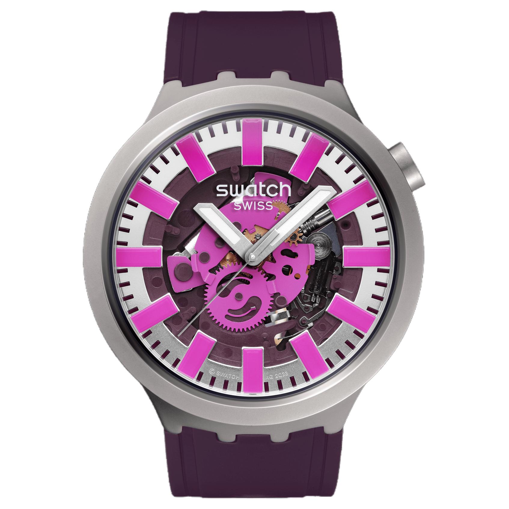 

SWATCH Часы Essentials Collection Quartz Movement Unisex Watch 47mm Purple Watch Dial Stainless Steel Case Rubber Strap, Purple Watch Dial