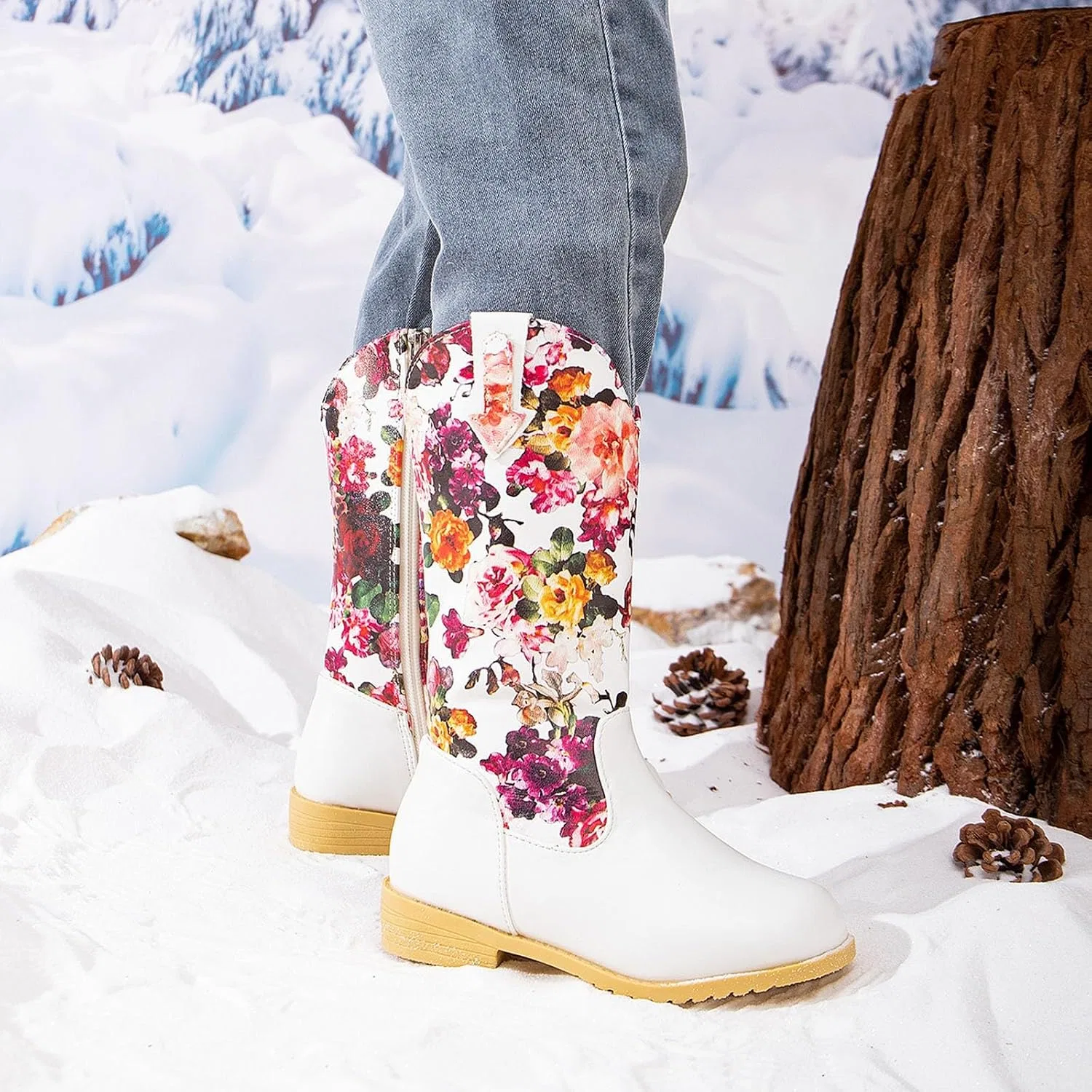 Детские сапоги для девочек с цветочной вышивкой Cowboy Western Boots, White — фото 2