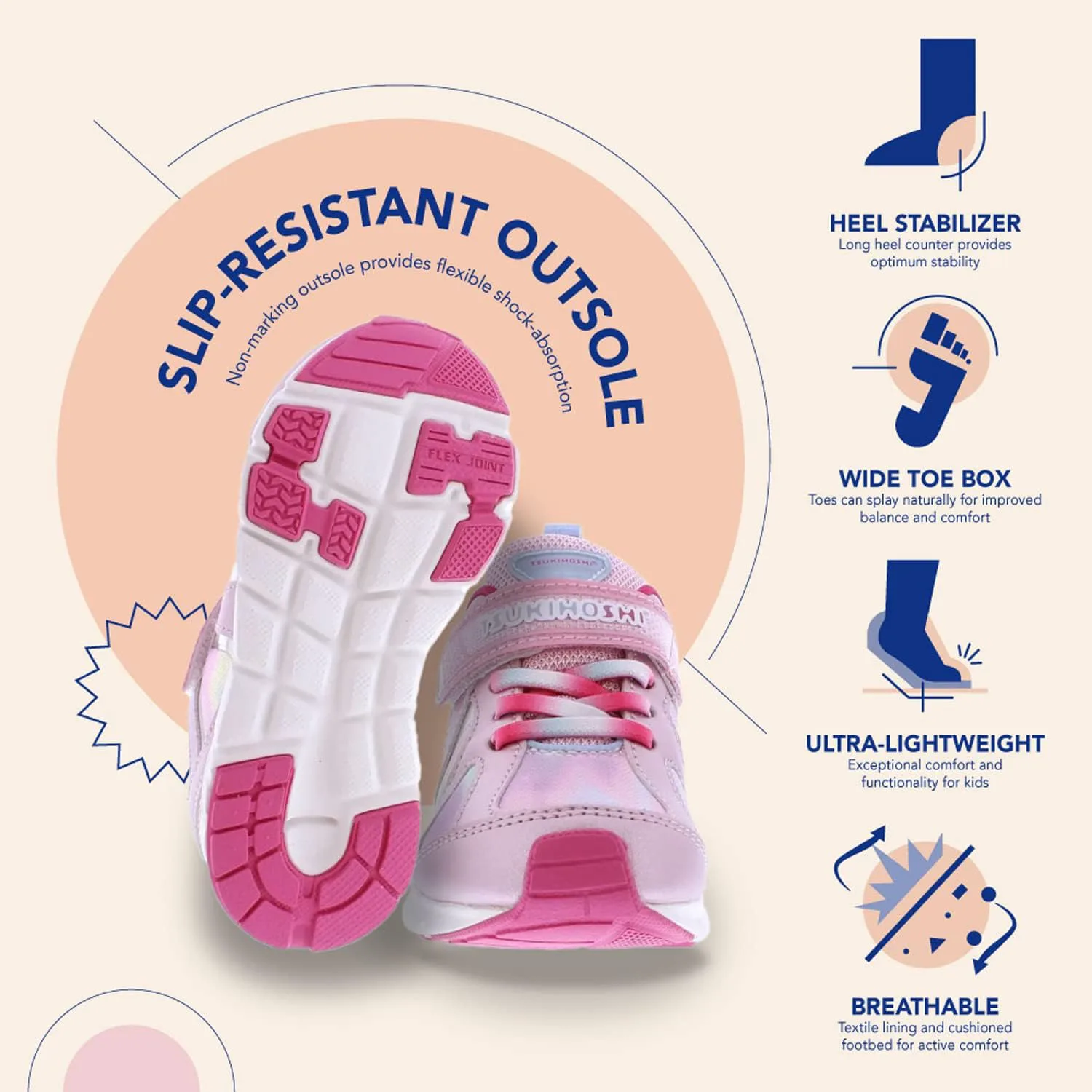 Детские кроссовки TSUKIHOSHI Rainbow Kids - с застежкой на ремешок, пригодные для стирки в машине, с широкой носочной частью и противоскользящими, немаркими подошвами, для детей 4-12 лет, розовый/розовый — фото 3